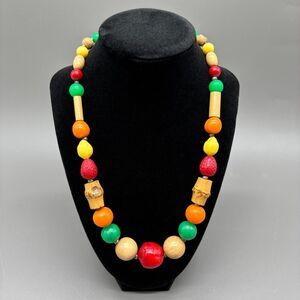 Vintage West Germany Fruit Salad Necklace Lucite Plastic Wood Bamboo 1950s
